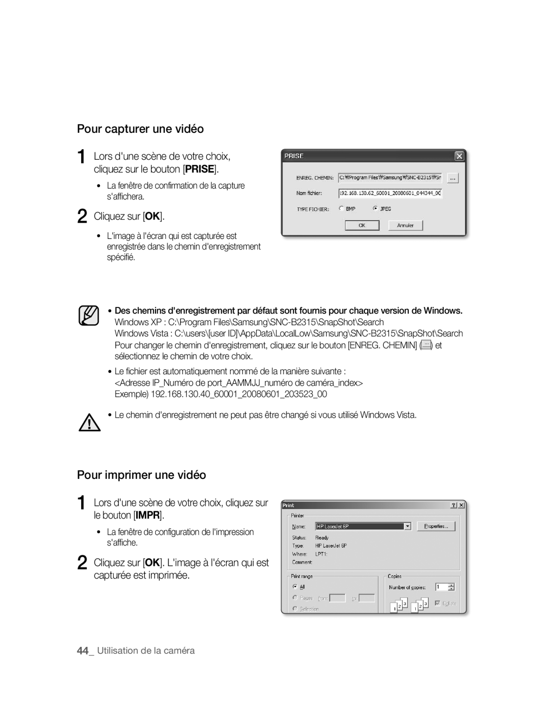 Samsung SNC-B2315P manual Pour capturer une vidéo 