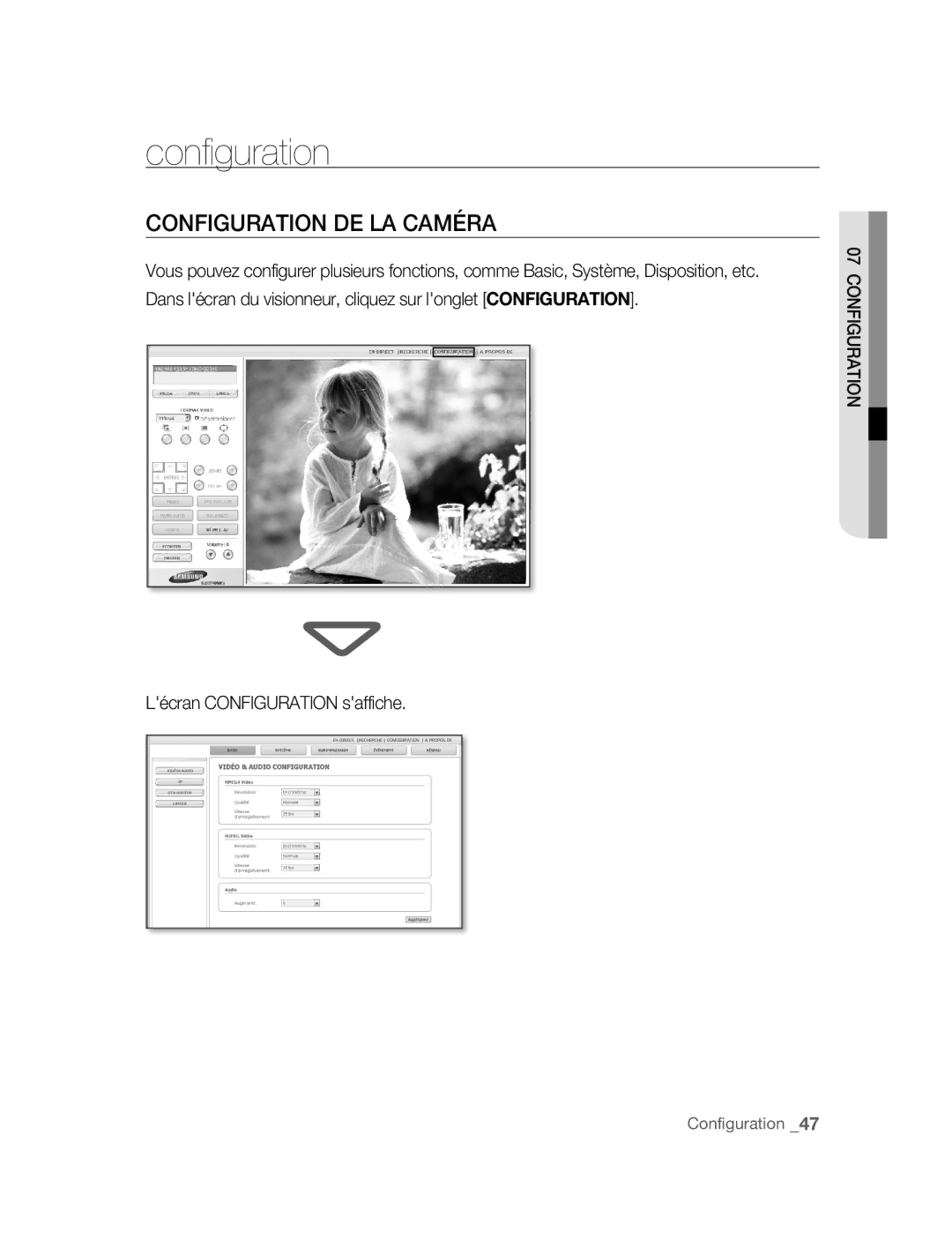 Samsung SNC-B2315P manual Configuration DE LA Caméra, Lécran Configuration saffiche 