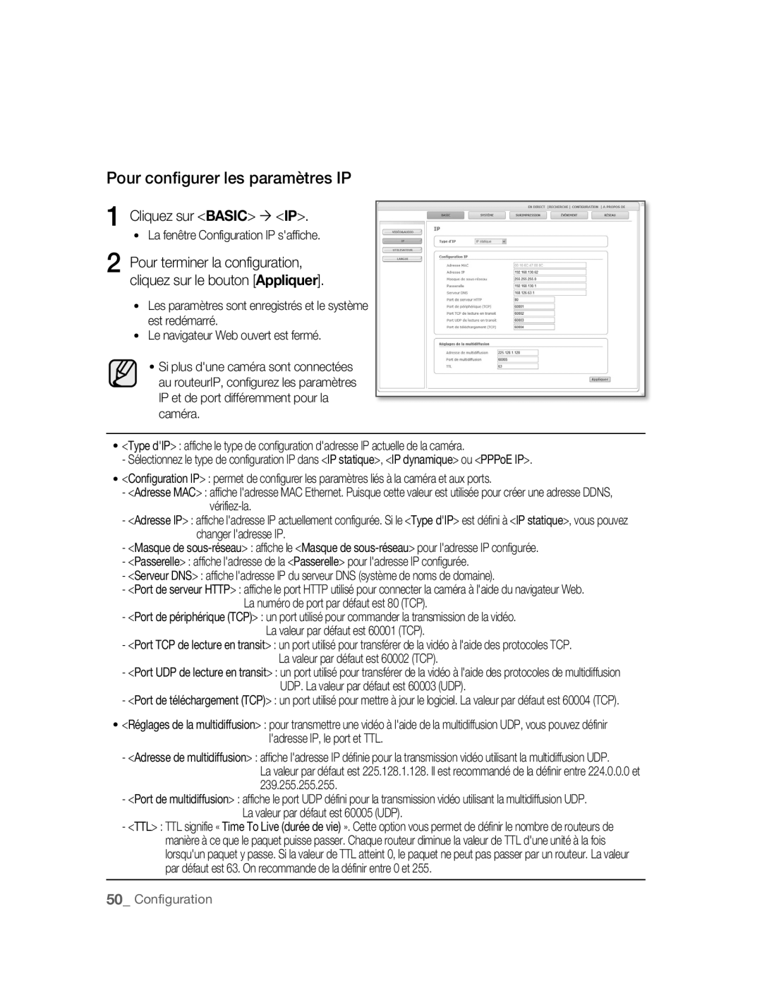 Samsung SNC-B2315P Pour configurer les paramètres IP, Cliquez sur Basic ´ IP, La numéro de port par défaut est 80 TCP 