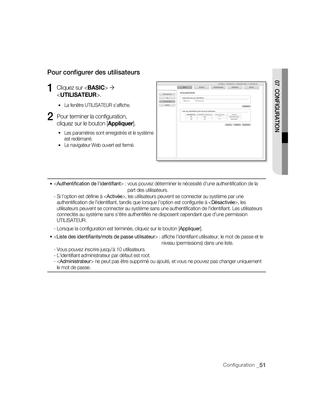 Samsung SNC-B2315P manual Pour configurer des utilisateurs, Cliquez sur Basic ´ Utilisateur 