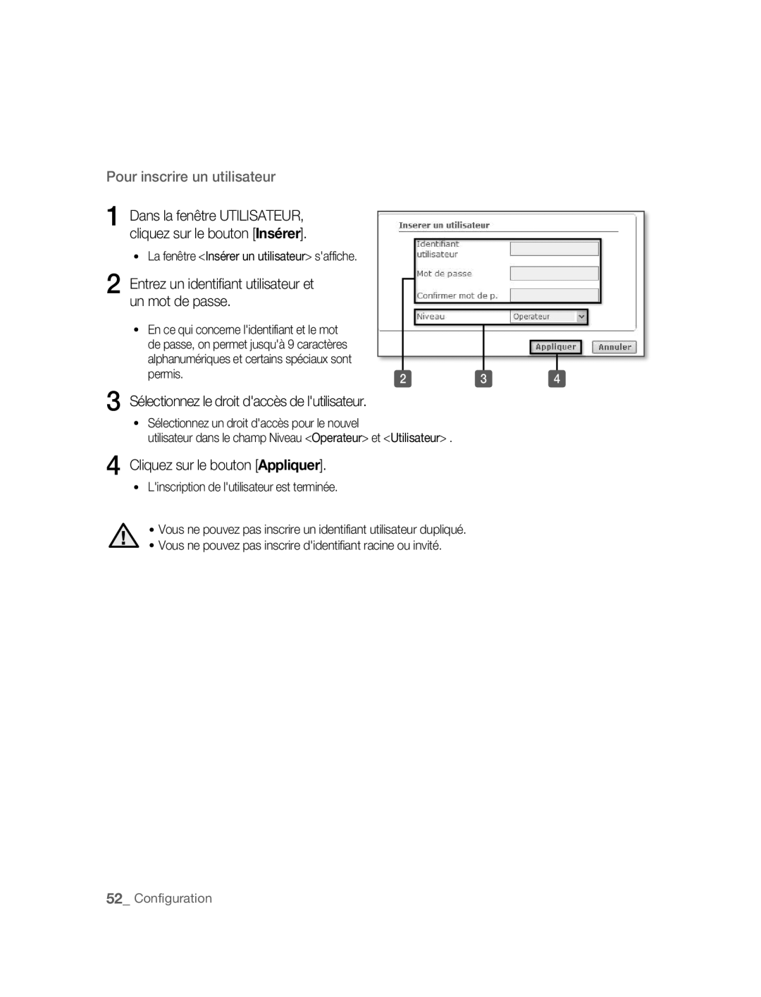 Samsung SNC-B2315P Cliquez sur le bouton Appliquer, Permis, Utilisateur dans le champ Niveau Operateur et Utilisateur 