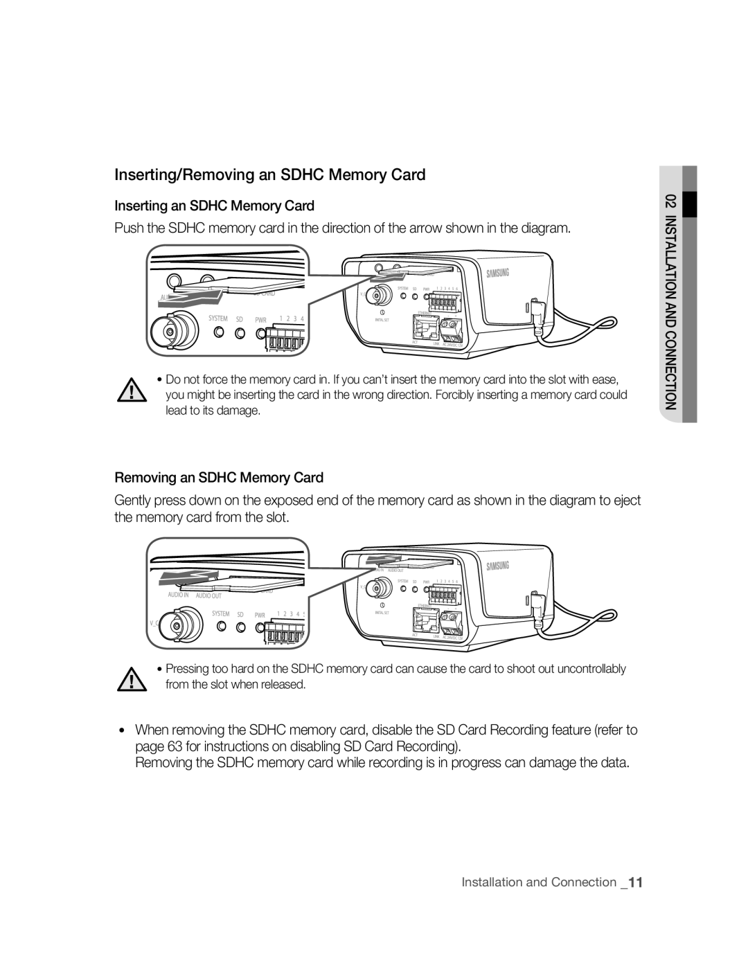 Samsung SNC-B2315P manual Inserting/Removing an Sdhc Memory Card 