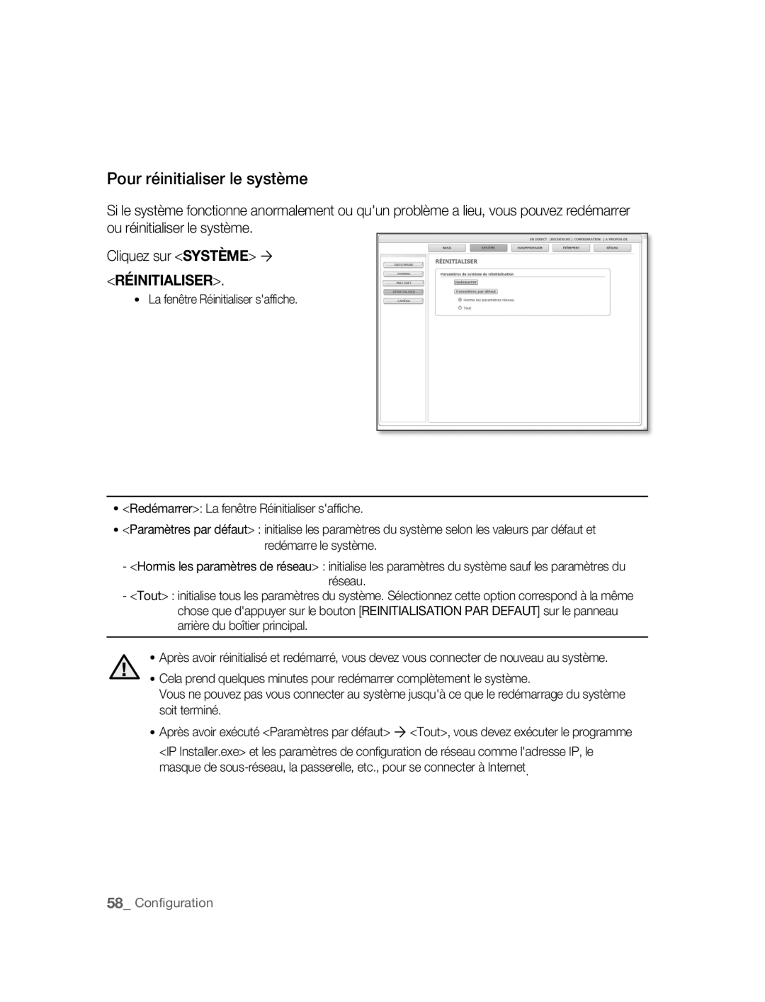 Samsung SNC-B2315P manual Pour réinitialiser le système, Réinitialiser 