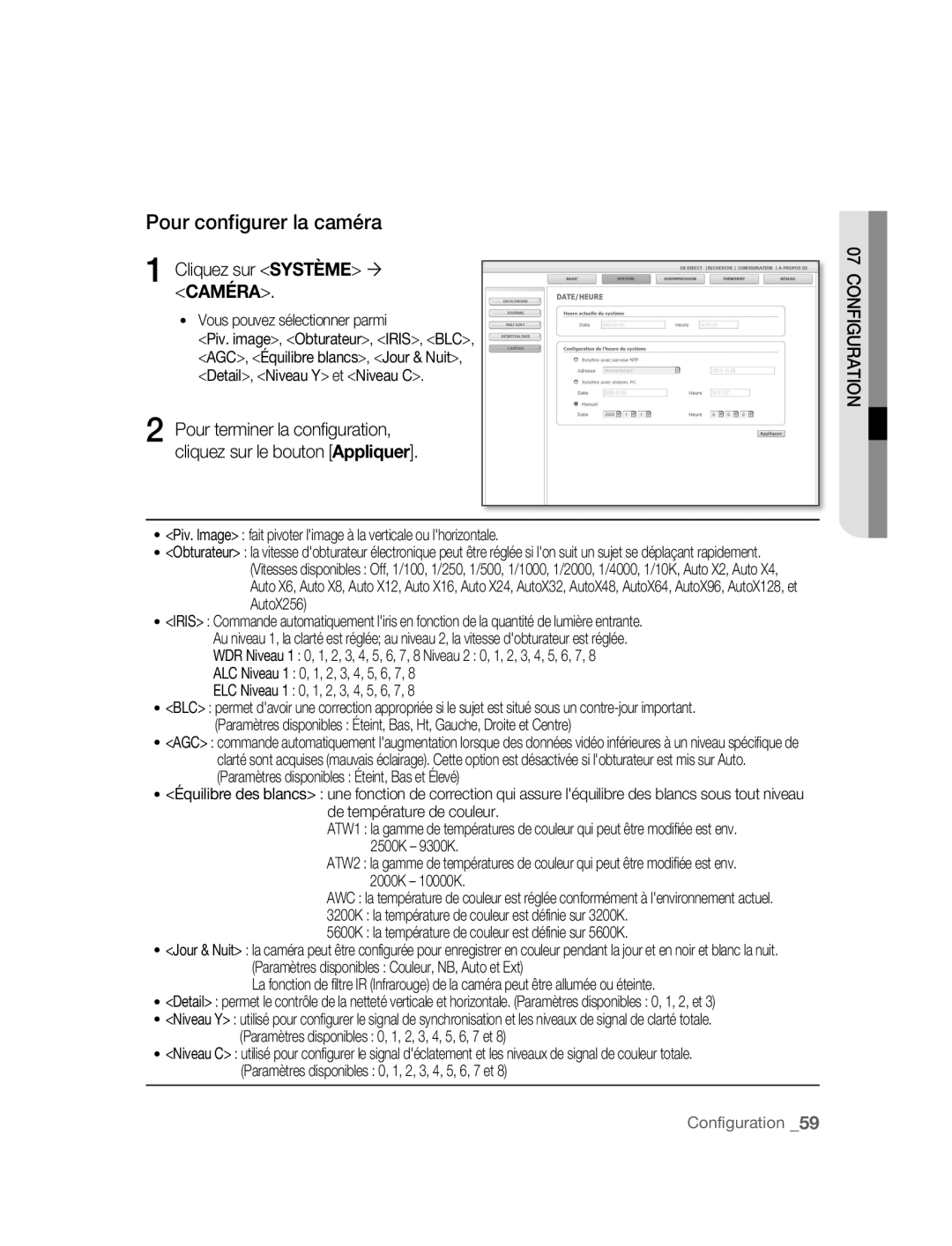 Samsung SNC-B2315P manual Pour configurer la caméra, Cliquez sur Système ´ Caméra 