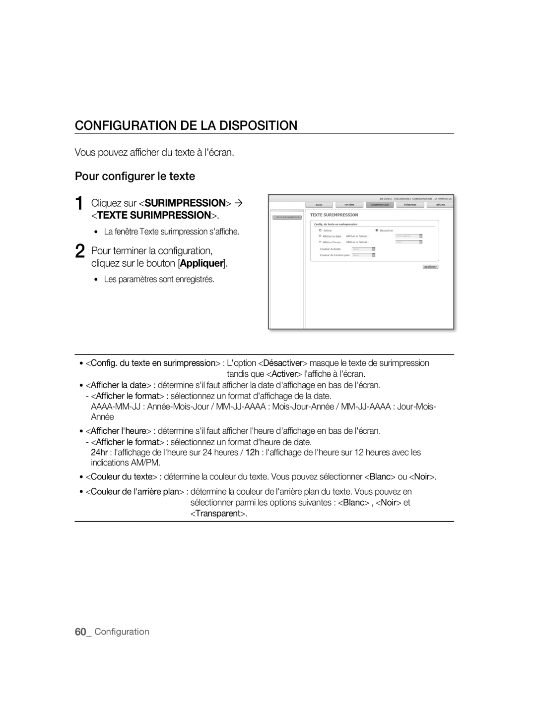 Samsung SNC-B2315P manual Configuration DE LA Disposition, Pour configurer le texte, Vous pouvez afficher du texte à lécran 