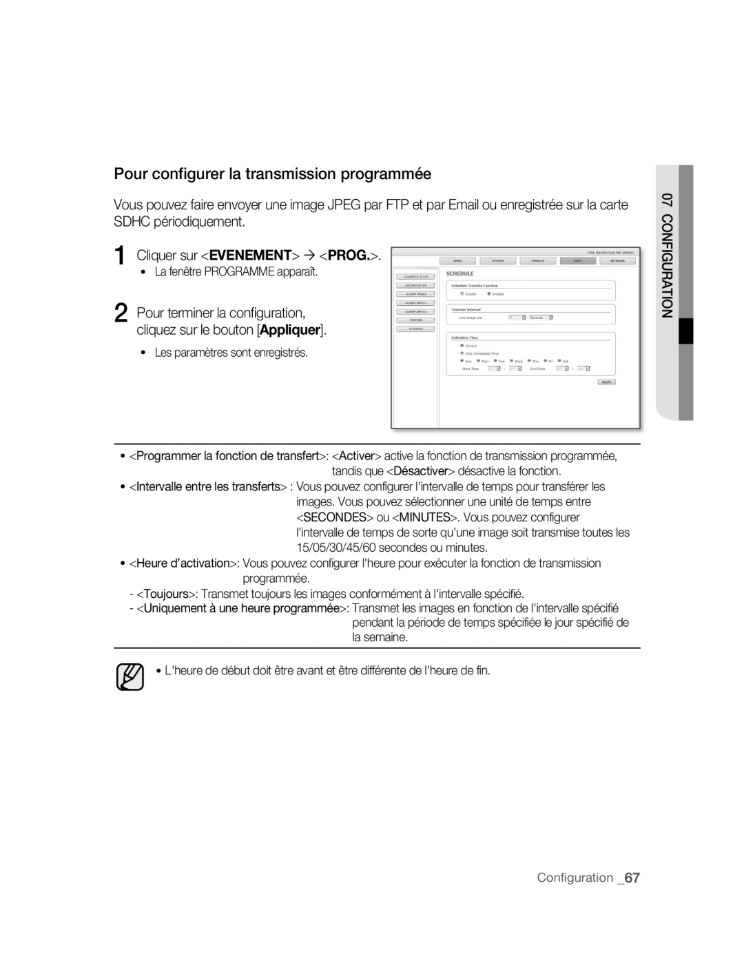 Samsung SNC-B2315P manual Pour configurer la transmission programmée 