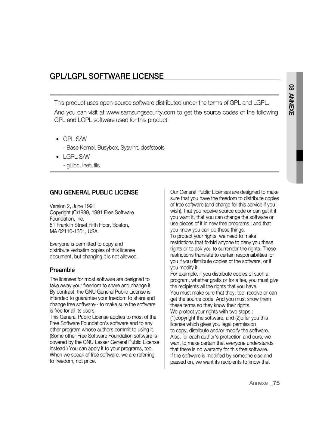 Samsung SNC-B2315P manual GPL/LGPL Software License 