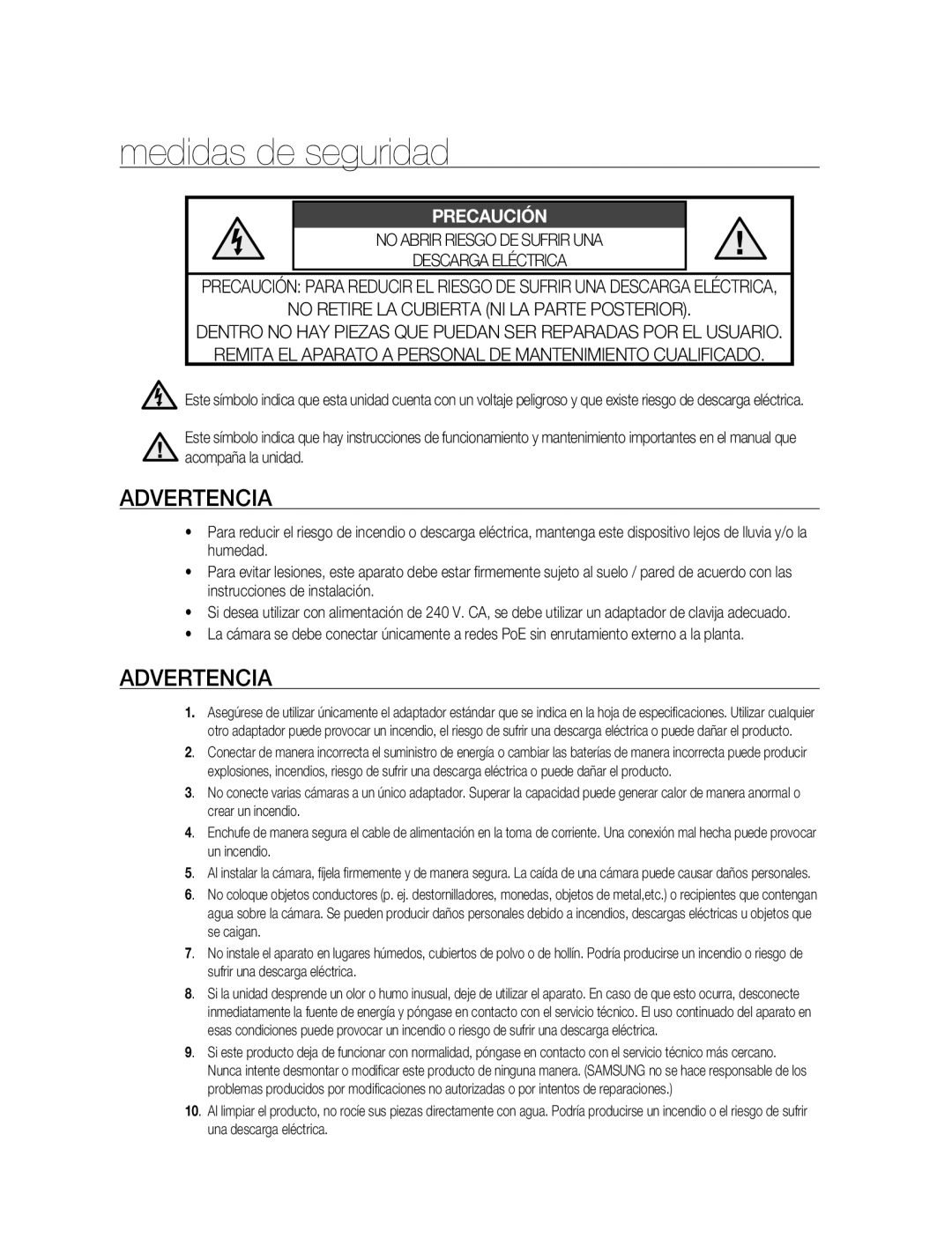 Samsung SNC-B2315P manual Medidas de seguridad, Advertencia 