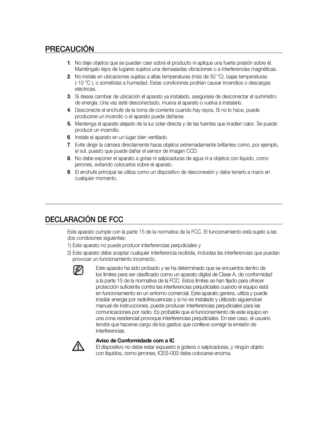 Samsung SNC-B2315P manual Precaución, Declaración DE FCC 