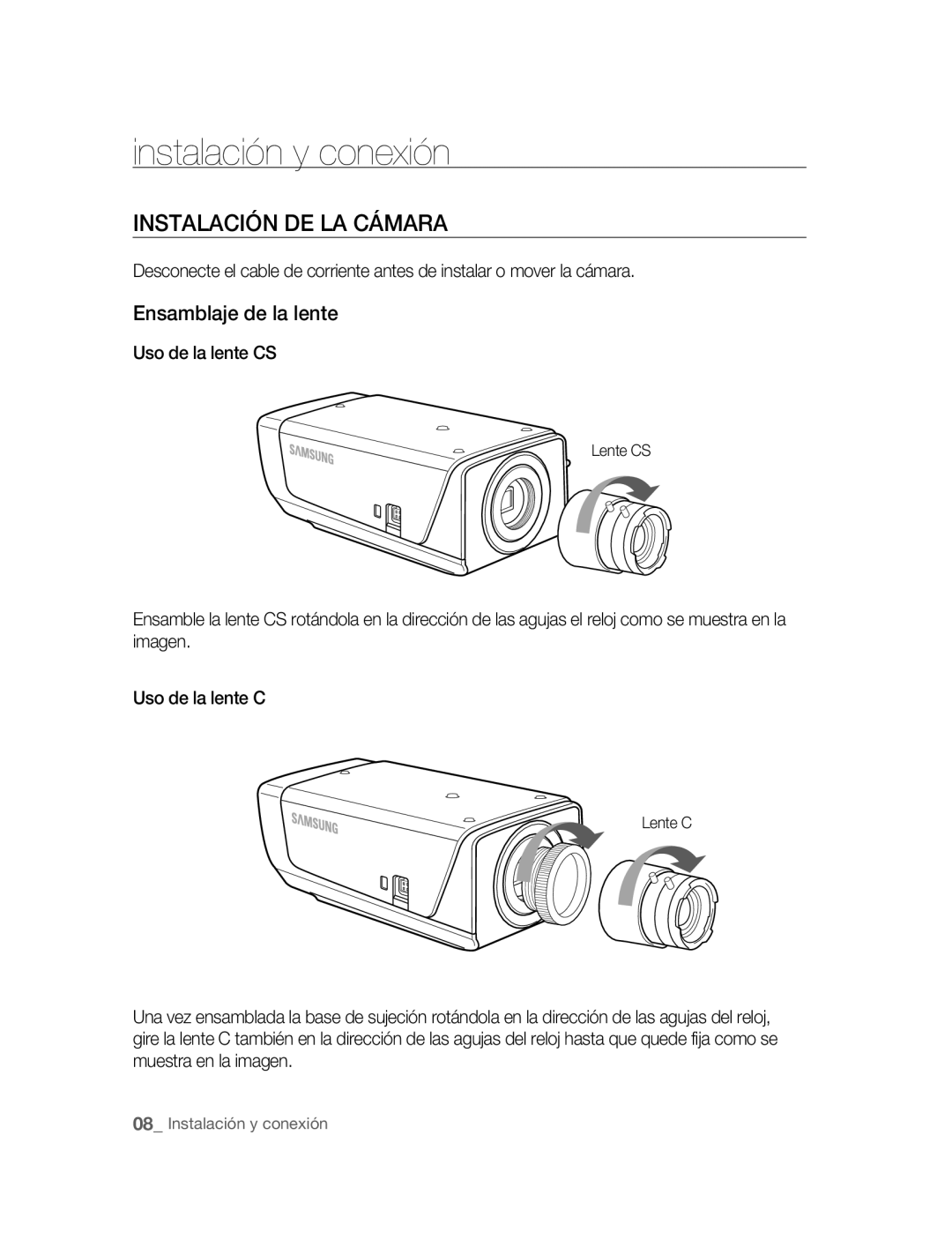 Samsung SNC-B2315P Instalación y conexión, Instalación DE LA Cámara, Ensamblaje de la lente, Uso de la lente CS, Lente C 