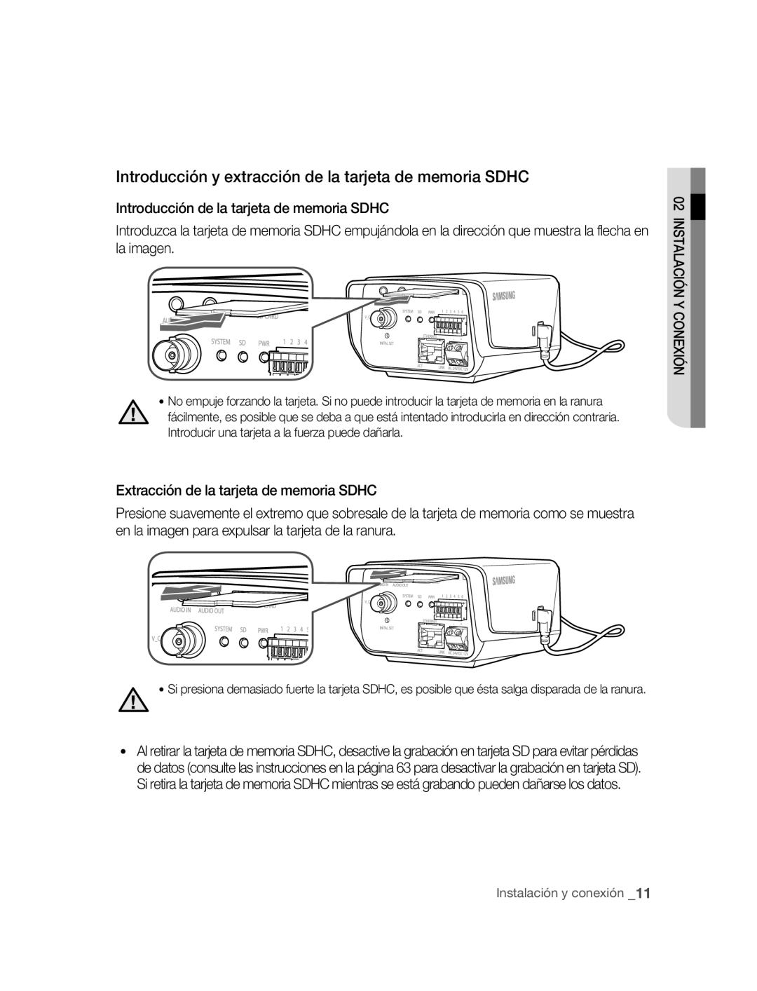 Samsung SNC-B2315P manual Introducción y extracción de la tarjeta de memoria Sdhc 