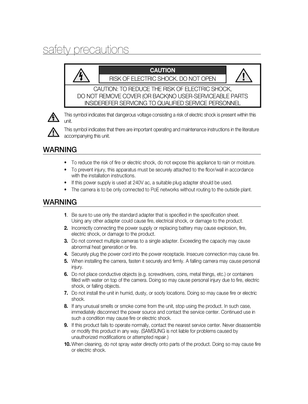 Samsung SNC-B2315P manual Safety precautions 