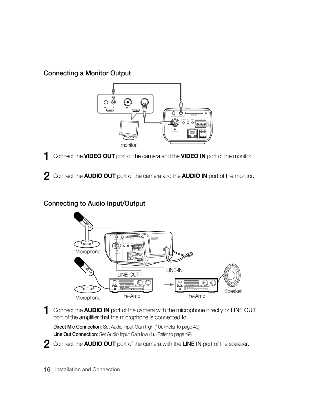 Samsung SNC-B2315P manual Connecting a Monitor Output, Connecting to Audio Input/Output 