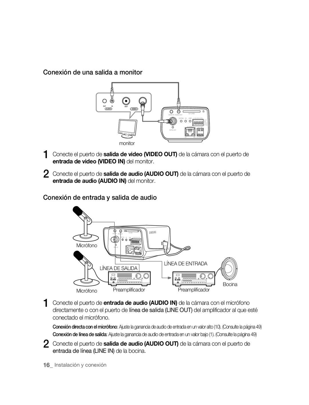 Samsung SNC-B2315P manual Conexión de una salida a monitor, Conexión de entrada y salida de audio, Micrófono 