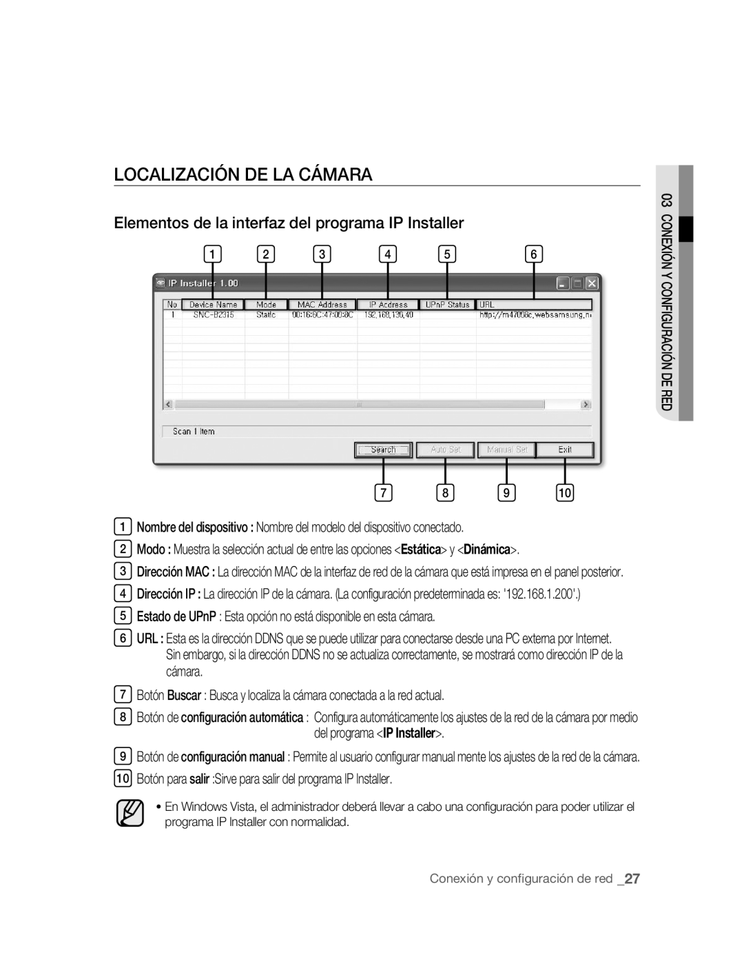 Samsung SNC-B2315P manual Localización DE LA Cámara, Elementos de la interfaz del programa IP Installer 