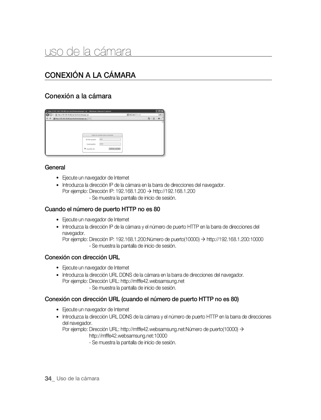 Samsung SNC-B2315P Uso de la cámara, Conexión a LA Cámara, Conexión a la cámara, Cuando el número de puerto Http no es 