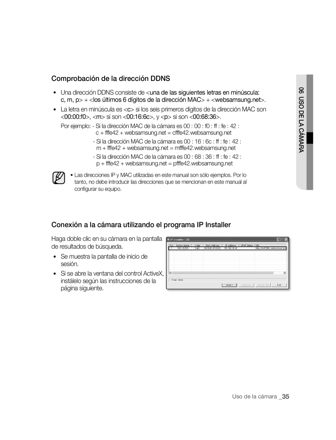 Samsung SNC-B2315P manual Comprobación de la dirección Ddns, Conexión a la cámara utilizando el programa IP Installer 