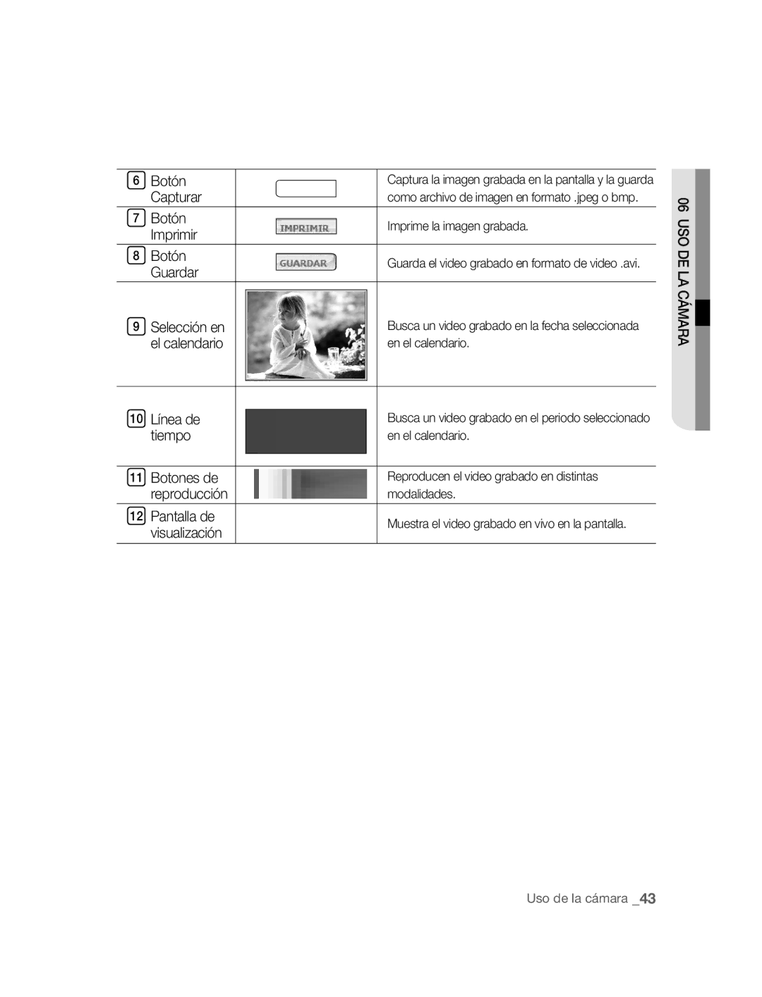 Samsung SNC-B2315P manual Botón Capturar Botón Imprimir, 10 Línea de tiempo, Selección en el calendario 