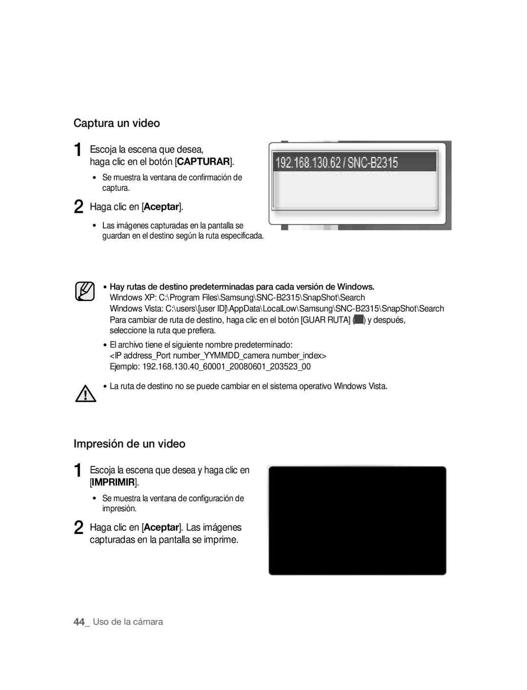 Samsung SNC-B2315P manual Captura un video, Escoja la escena que desea y haga clic en Imprimir 