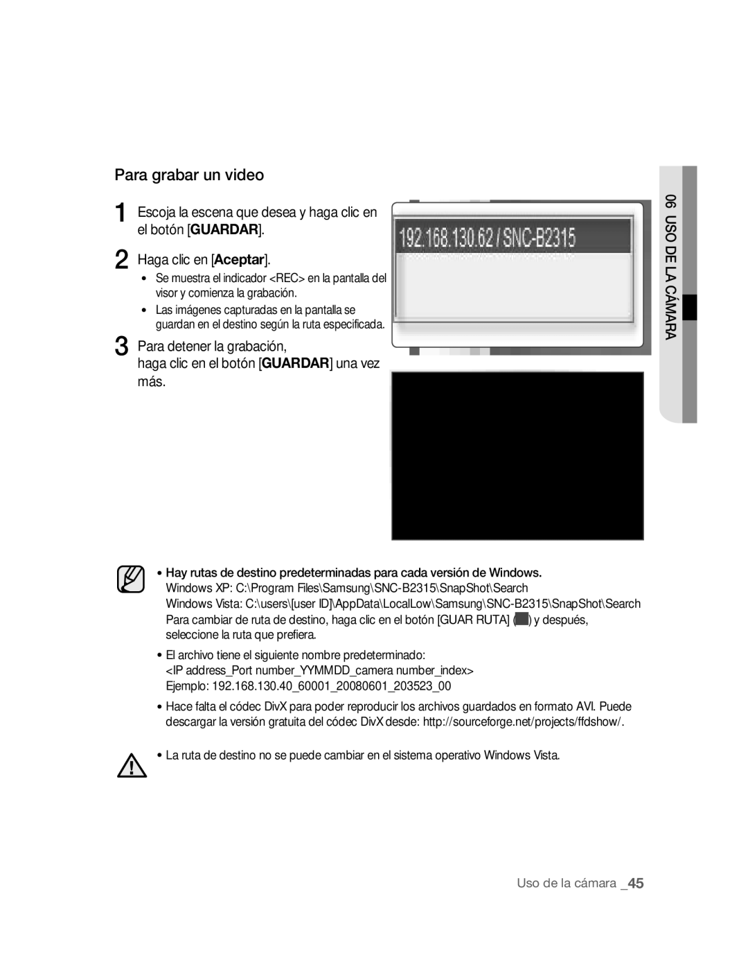 Samsung SNC-B2315P manual Para grabar un video 