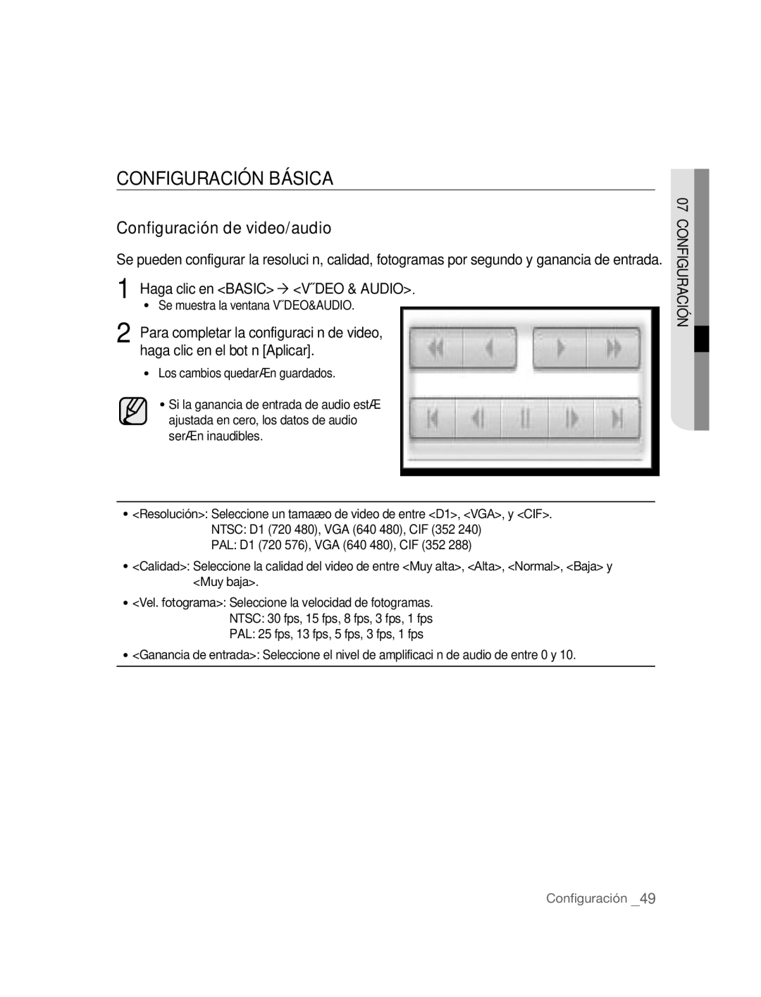 Samsung SNC-B2315P manual Configuración Básica, Configuración de video/audio 