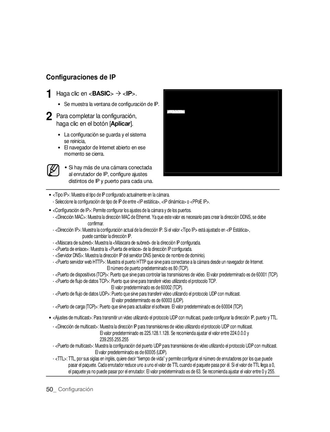 Samsung SNC-B2315P manual Configuraciones de IP, Haga clic en Basic ´ IP, El valor predeterminado es de 60003 UDP 