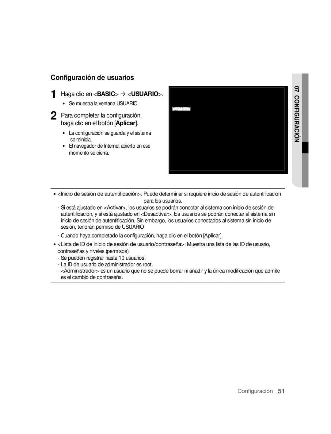 Samsung SNC-B2315P manual Configuración de usuarios, Haga clic en Basic ´ Usuario 