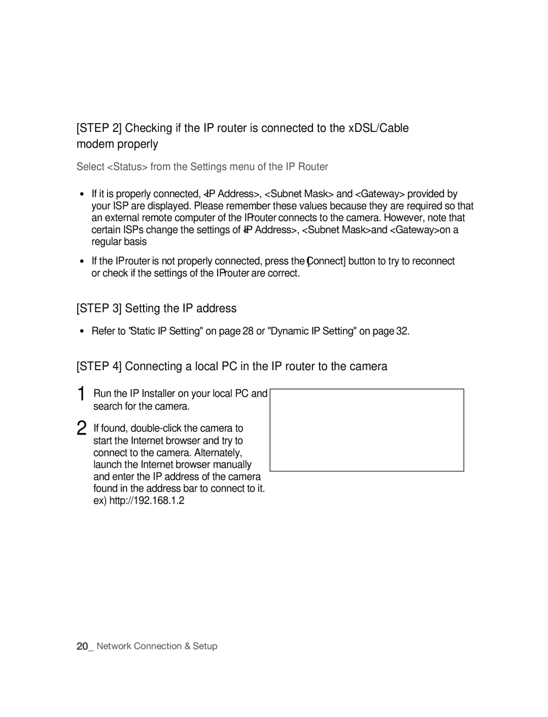 Samsung SNC-B2315P manual Setting the IP address, Connecting a local PC in the IP router to the camera 