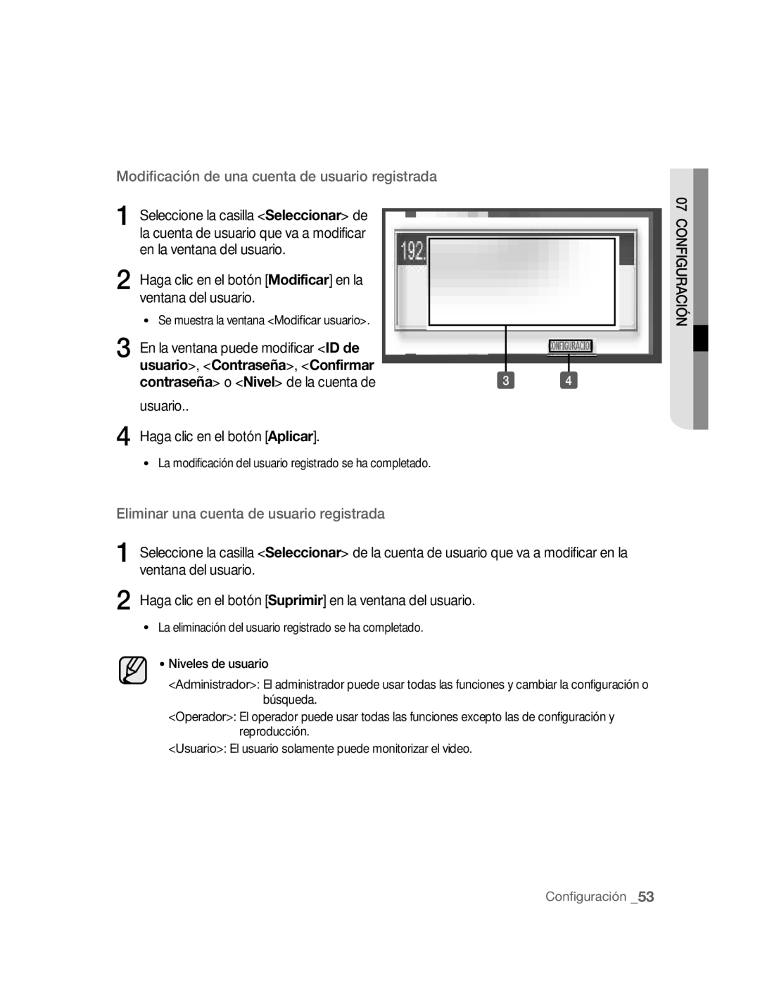 Samsung SNC-B2315P manual Haga clic en el botón Modificar en la ventana del usuario, Usuario Haga clic en el botón Aplicar 