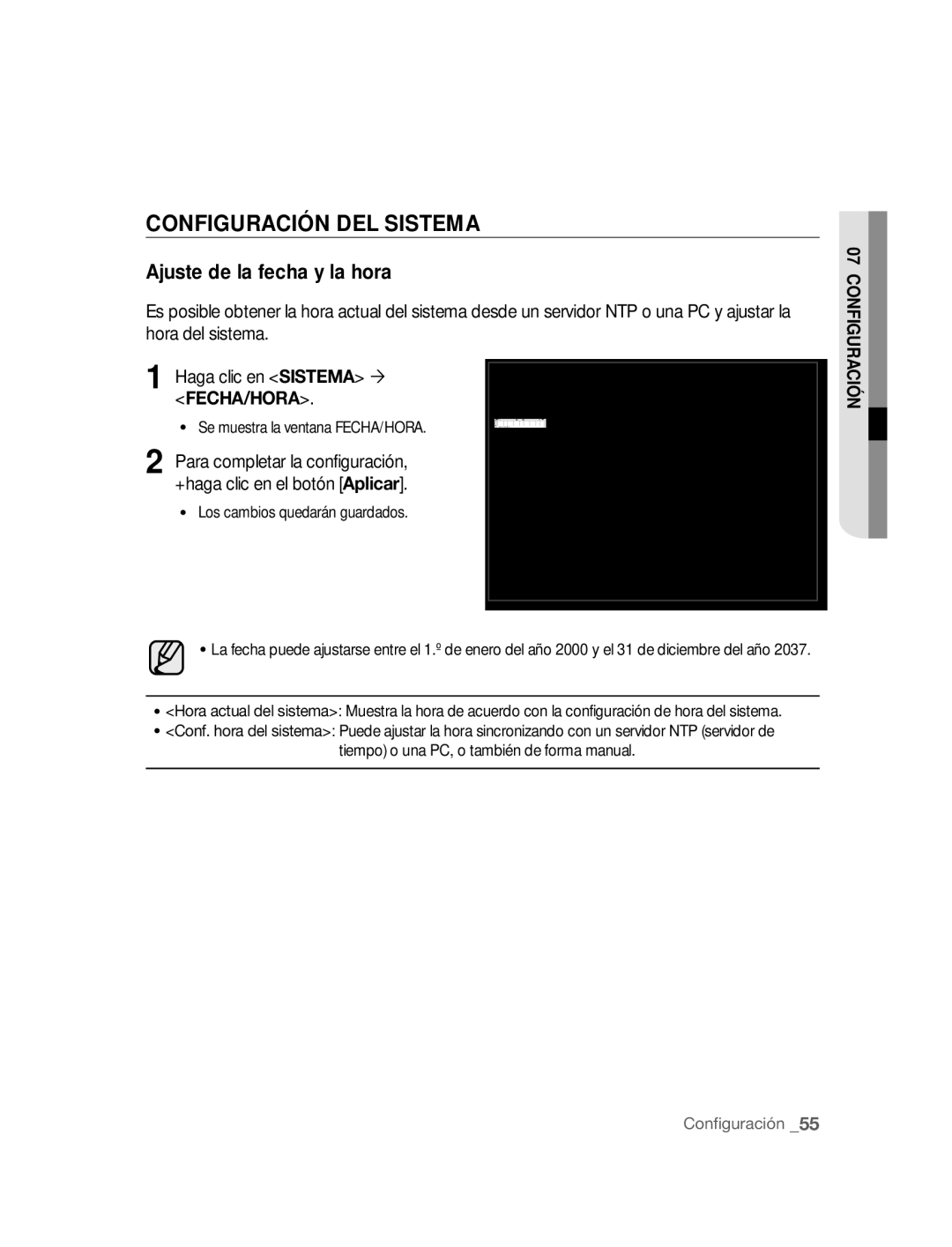 Samsung SNC-B2315P manual Configuración DEL Sistema, Ajuste de la fecha y la hora 