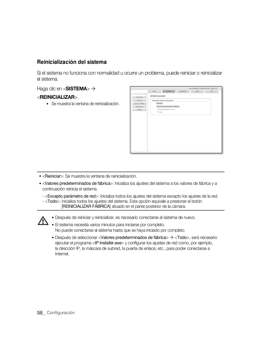 Samsung SNC-B2315P manual Reinicialización del sistema, Reinicializar 