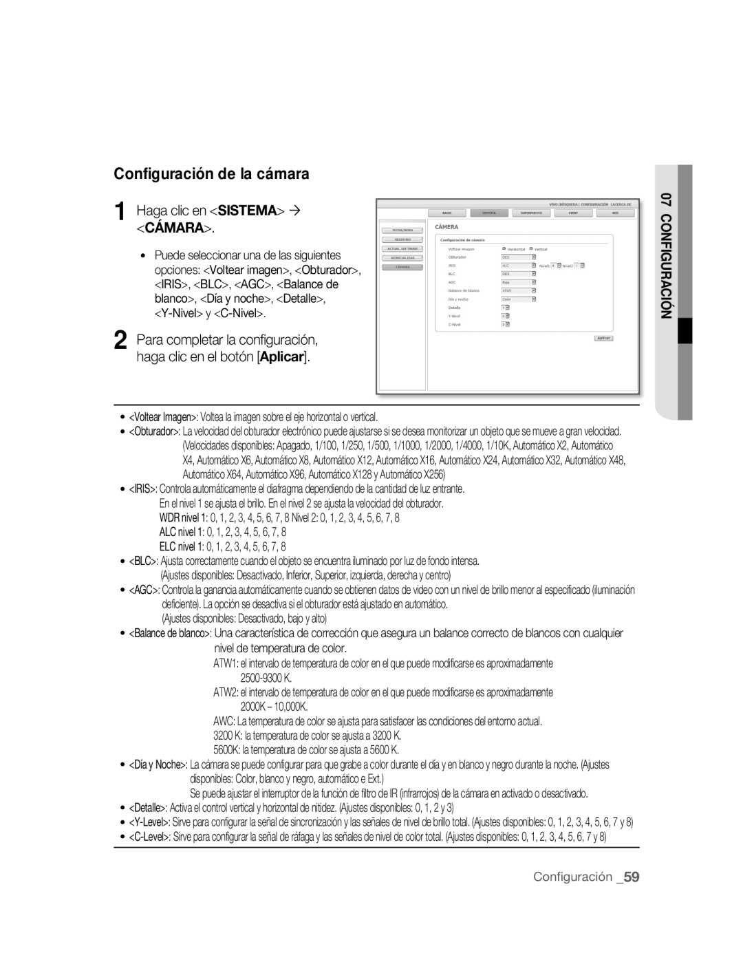 Samsung SNC-B2315P manual Configuración de la cámara, Haga clic en Sistema ´ Cámara, IRIS, BLC, AGC, Balance de 