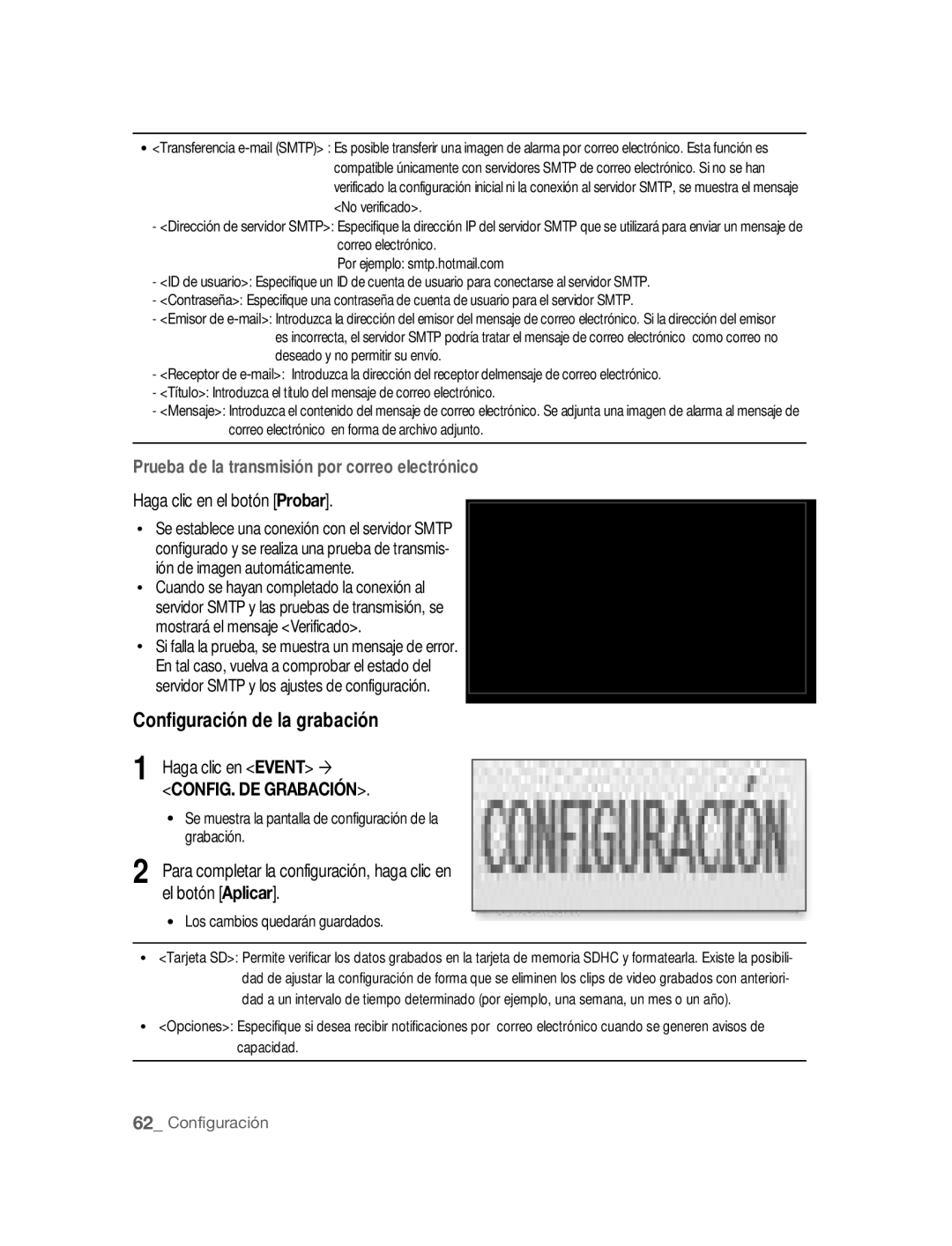 Samsung SNC-B2315P manual Configuración de la grabación, Haga clic en Event ´, El botón Aplicar, Grabación, Capacidad 