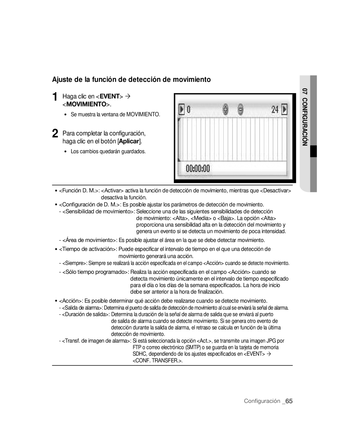 Samsung SNC-B2315P manual Ajuste de la función de detección de movimiento, Haga clic en Event ´ Movimiento 