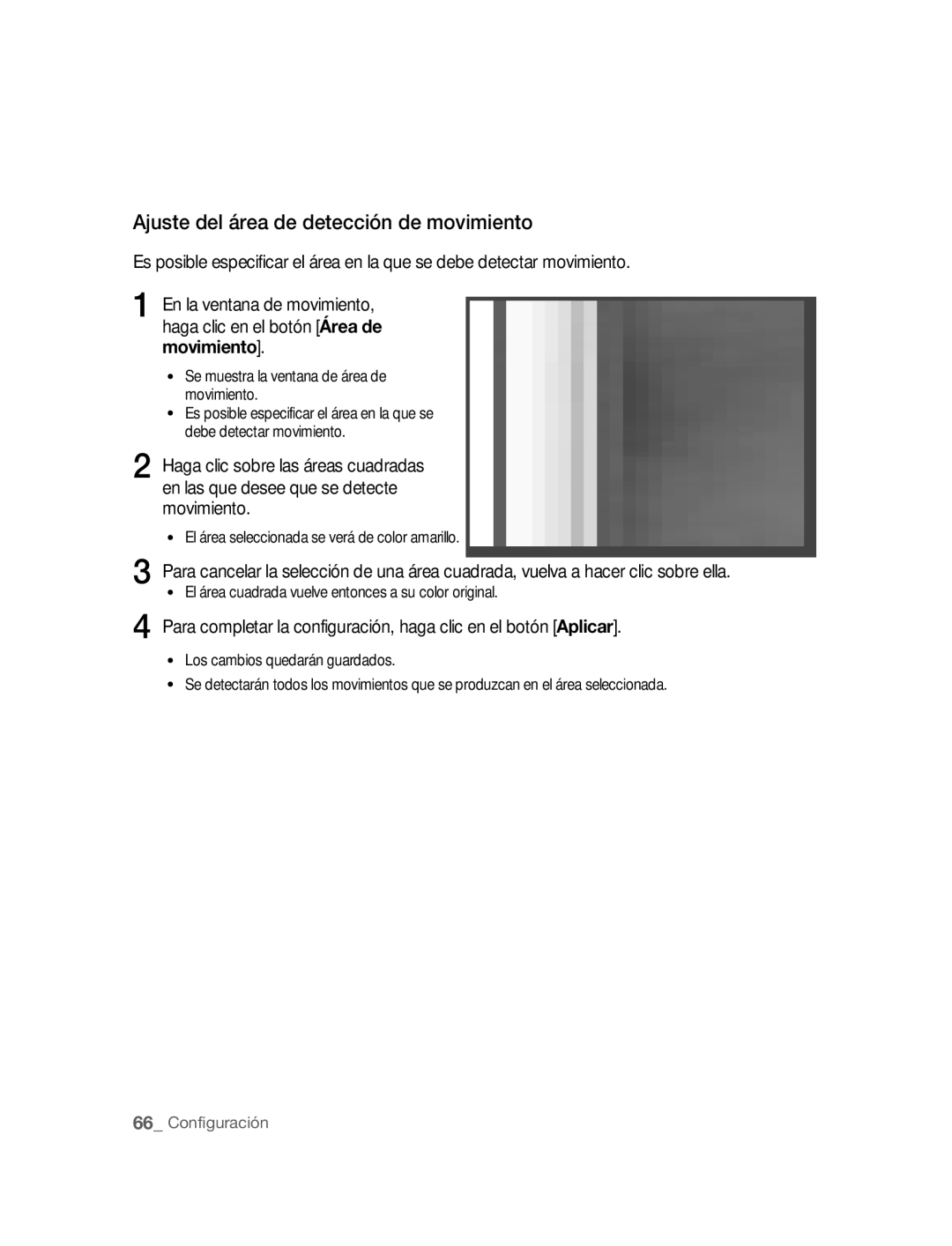 Samsung SNC-B2315P Ajuste del área de detección de movimiento, Movimiento, El área seleccionada se verá de color amarillo 