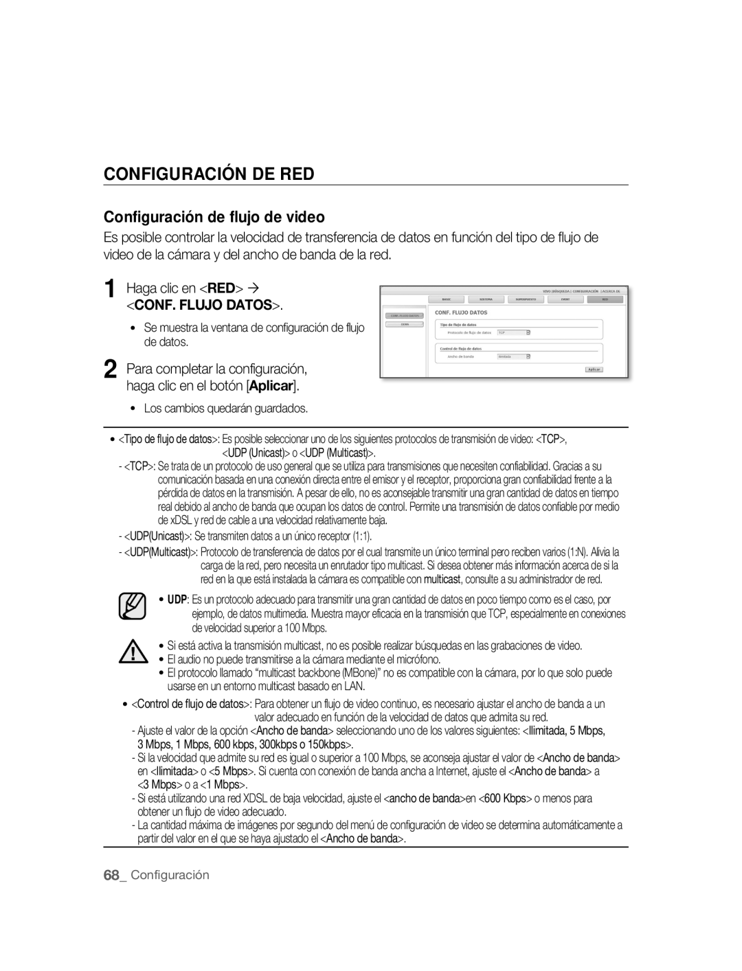 Samsung SNC-B2315P manual Configuración DE RED, Configuración de flujo de video 