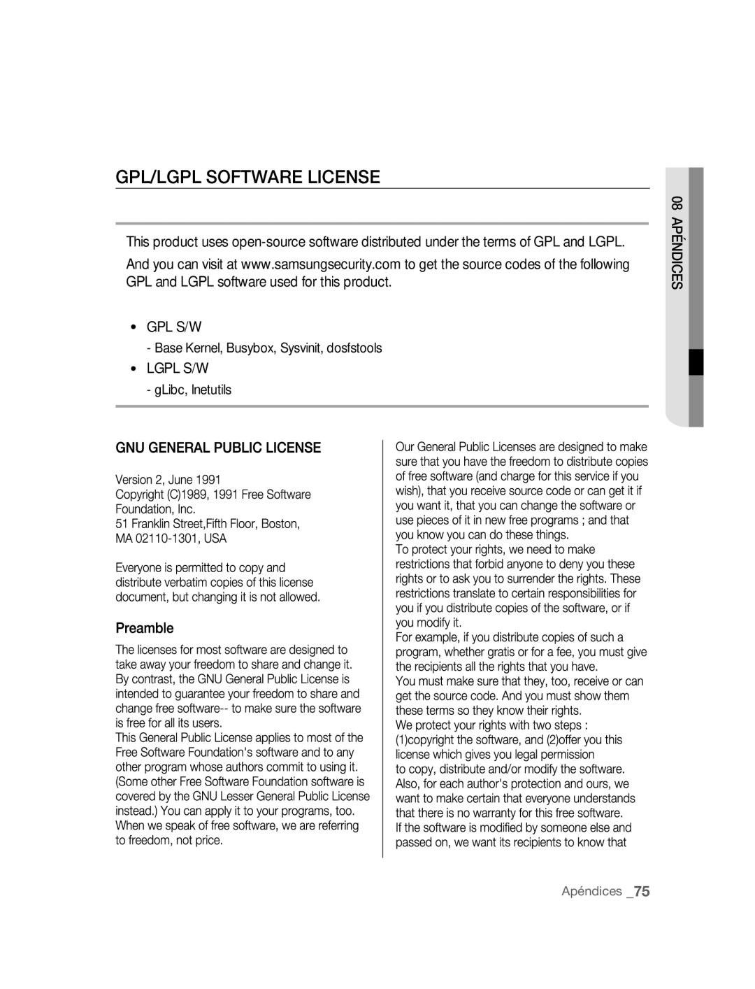 Samsung SNC-B2315P manual GPL/LGPL Software License 