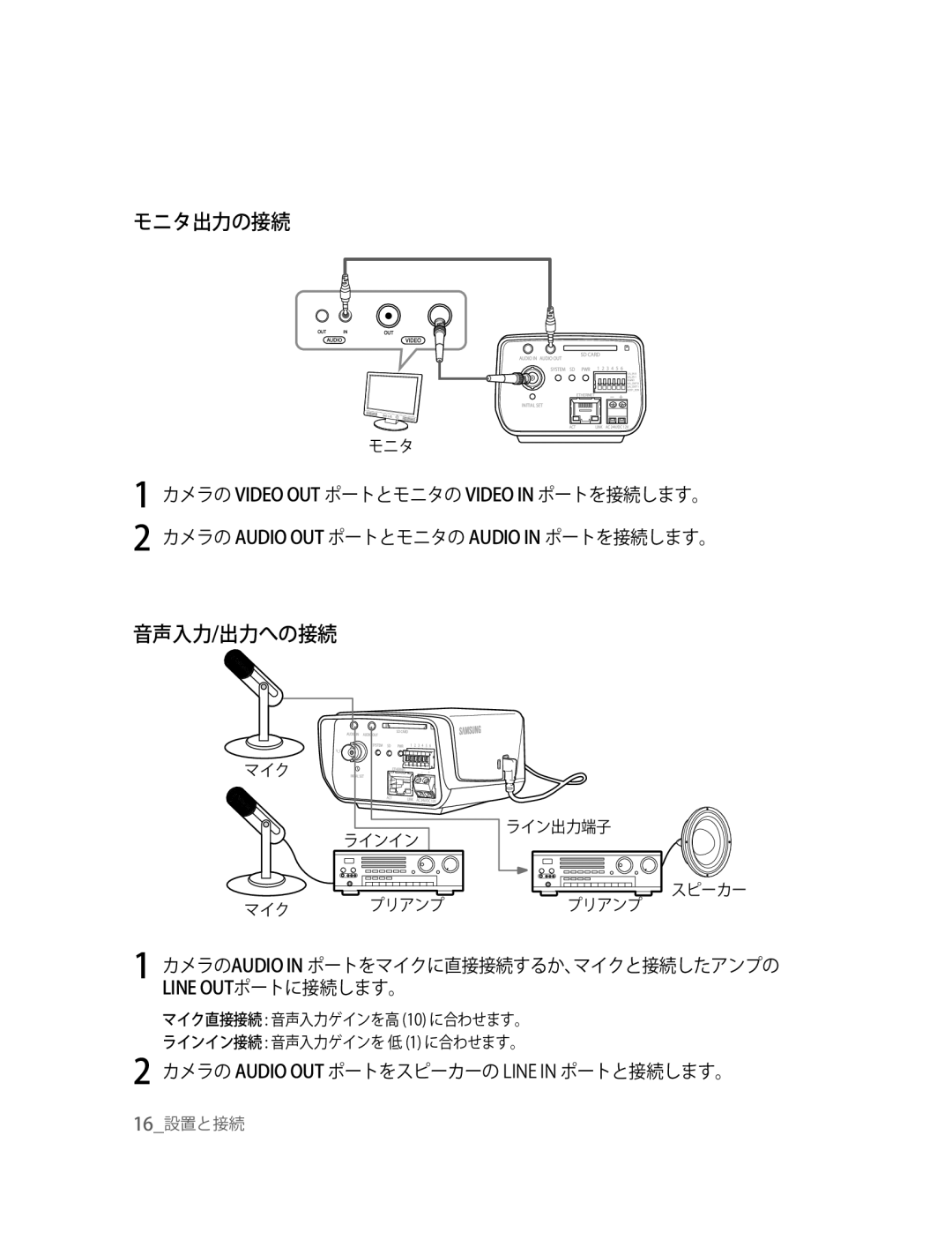 Samsung SNC-B2315P manual モニタ出力の接続, 音声入力/出力への接続, カメラの Audio OUT ポートをスピーカーの Line in ポートと接続します。 