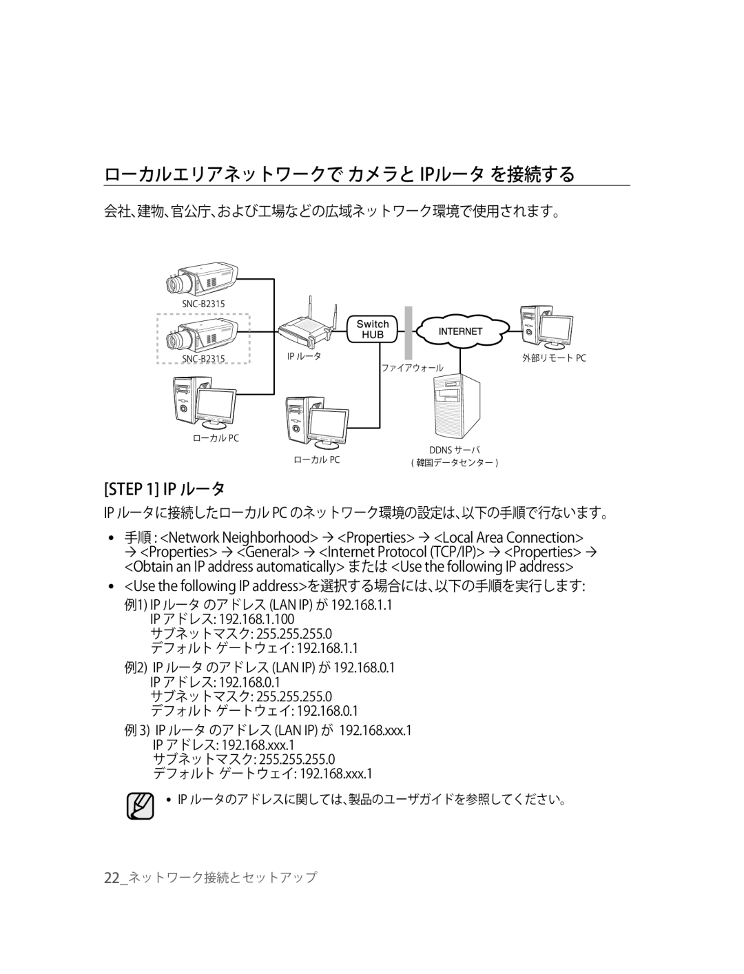 Samsung SNC-B2315P manual ローカルエリアネットワークで カメラと Ipルータ を接続する, 会社、建物、官公庁、および工場などの広域ネットワーク環境で使用されます。 