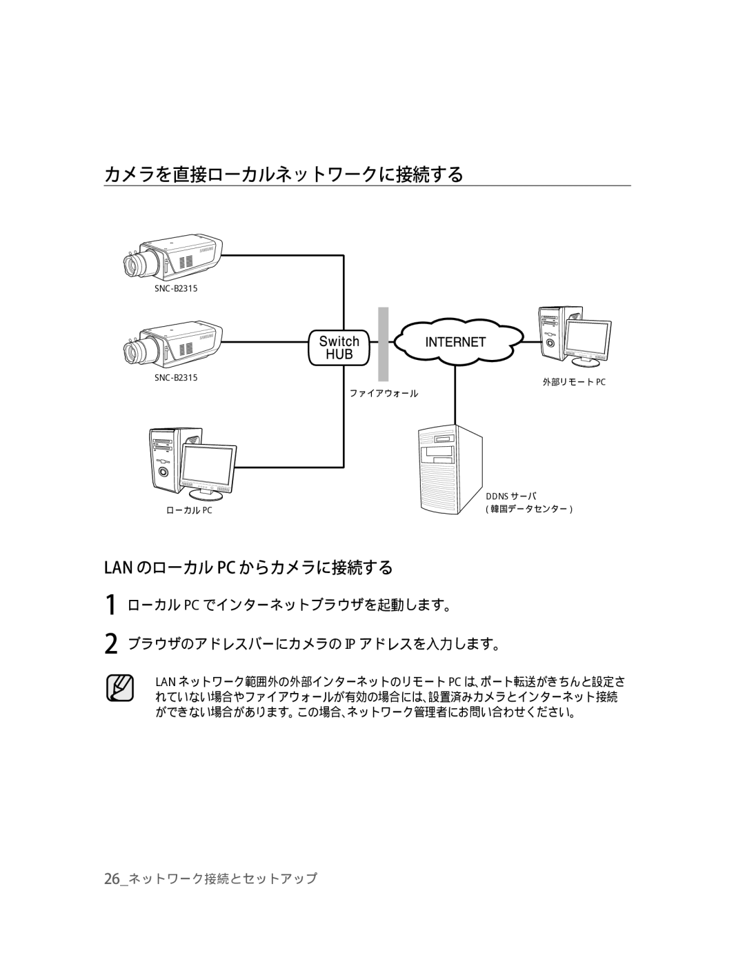 Samsung SNC-B2315P manual カメラを直接ローカルネットワークに接続する, Lan のローカル Pc からカメラに接続する 