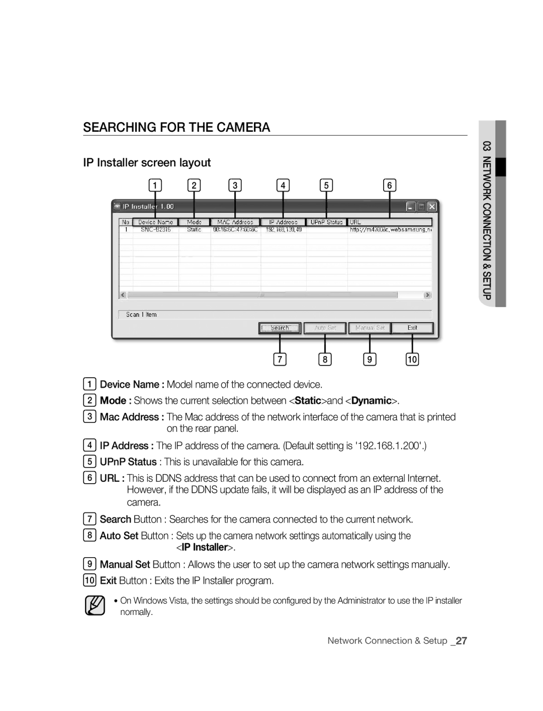 Samsung SNC-B2315P manual SEARChING for ThE Camera, IP Installer screen layout 