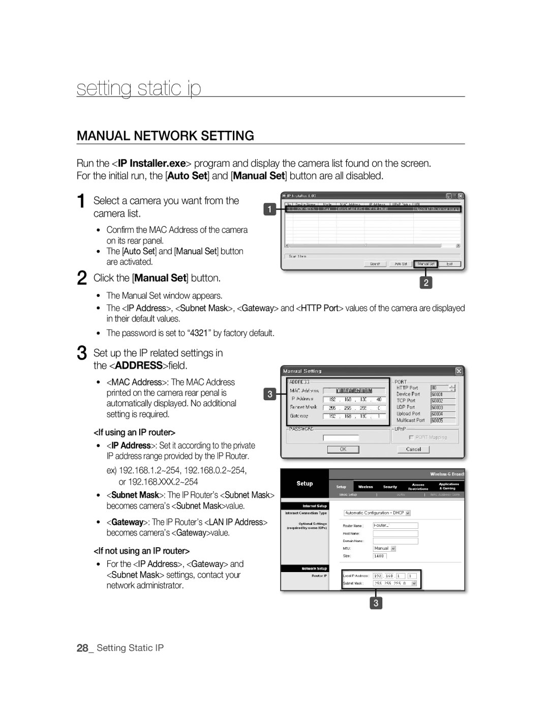 Samsung SNC-B2315P manual Setting static ip, MANUAl NETWORk Setting, Camera list, Click the Manual Set button 