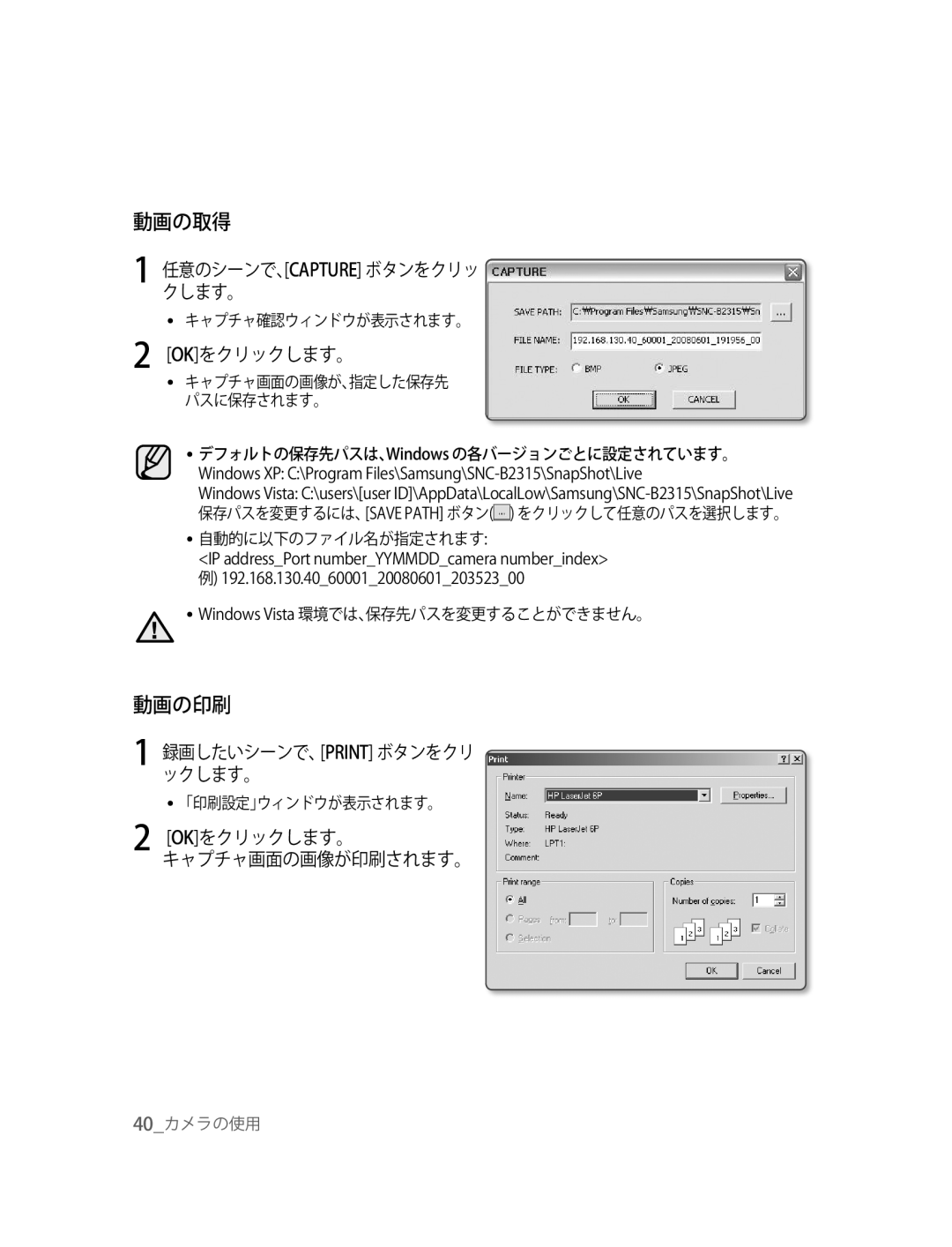 Samsung SNC-B2315P manual 動画の取得, 動画の印刷 