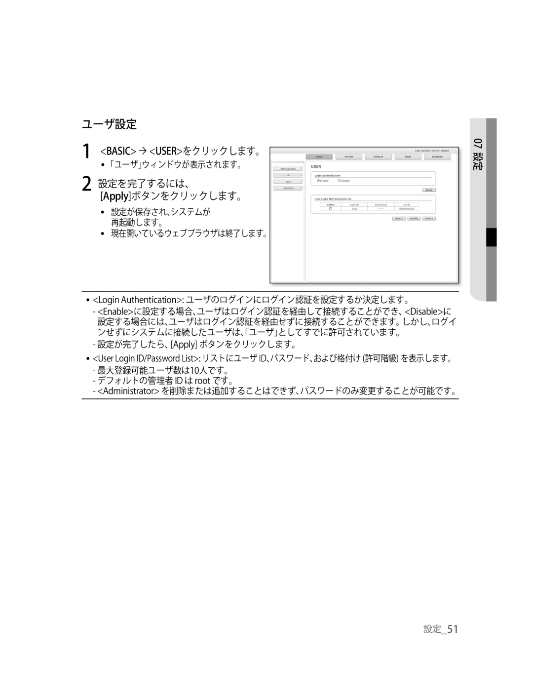 Samsung SNC-B2315P manual ユーザ設定, Basic ´USERをクリックします。 