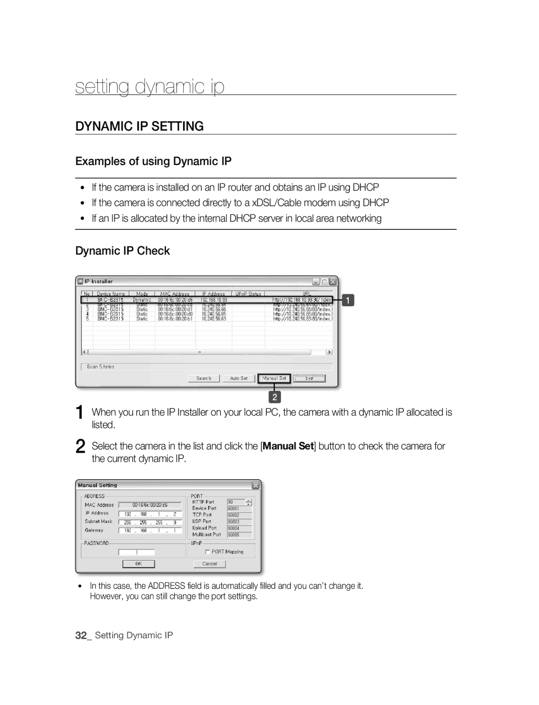 Samsung SNC-B2315P manual Setting dynamic ip, DyNAMIC IP Setting, Examples of using dynamic IP, Dynamic IP Check 