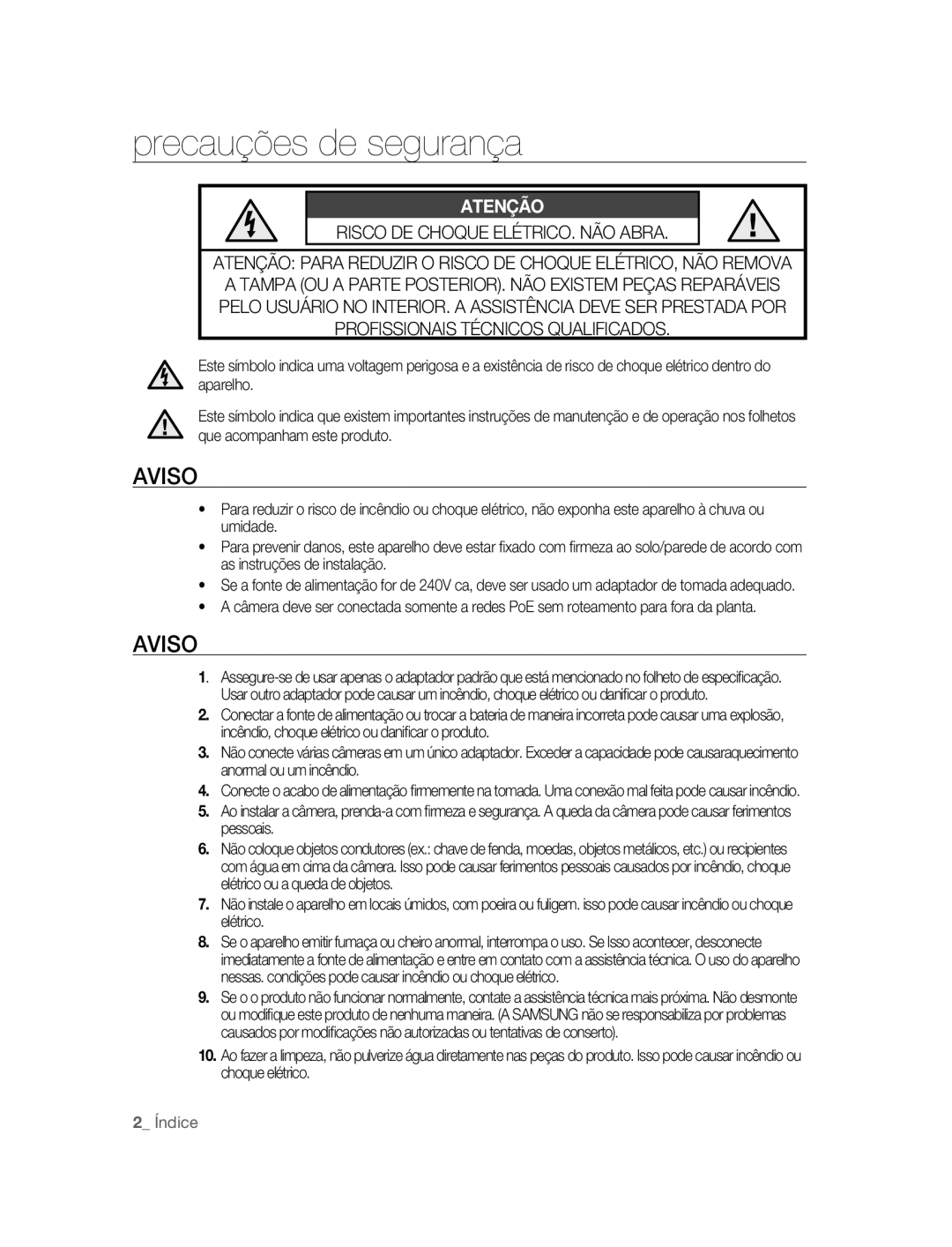 Samsung SNC-B2315P manual Precauções de segurança, Aviso 