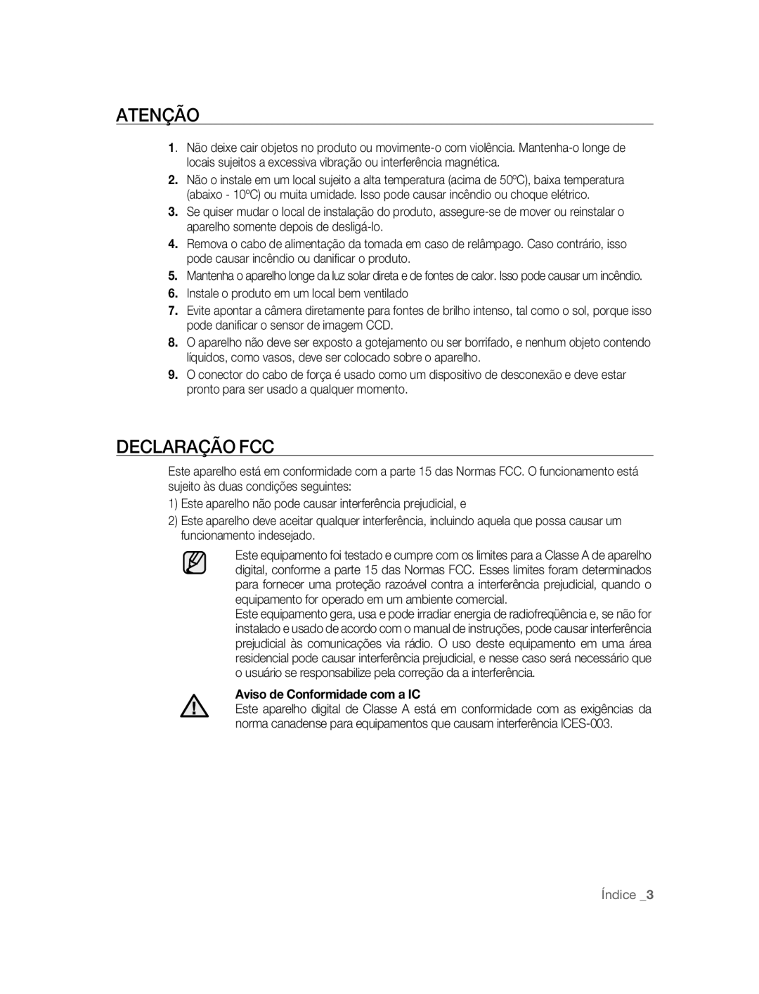 Samsung SNC-B2315P manual Atenção, Declaração FCC 