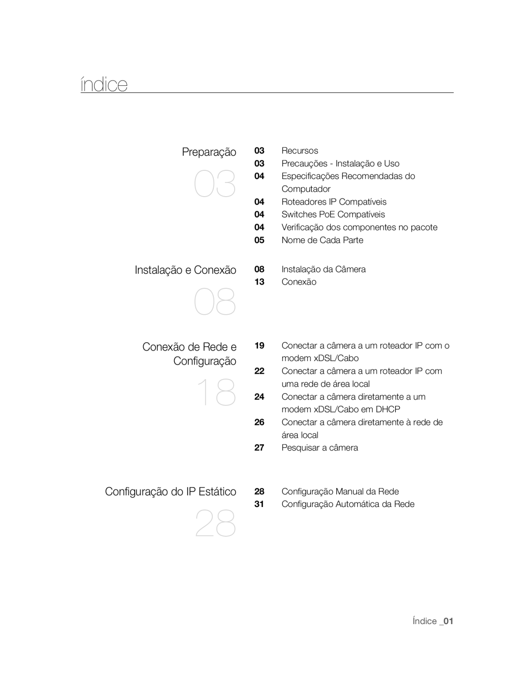 Samsung SNC-B2315P manual Preparação, Configuração do IP Estático, Instalação e Conexão, Conexão de Rede e 