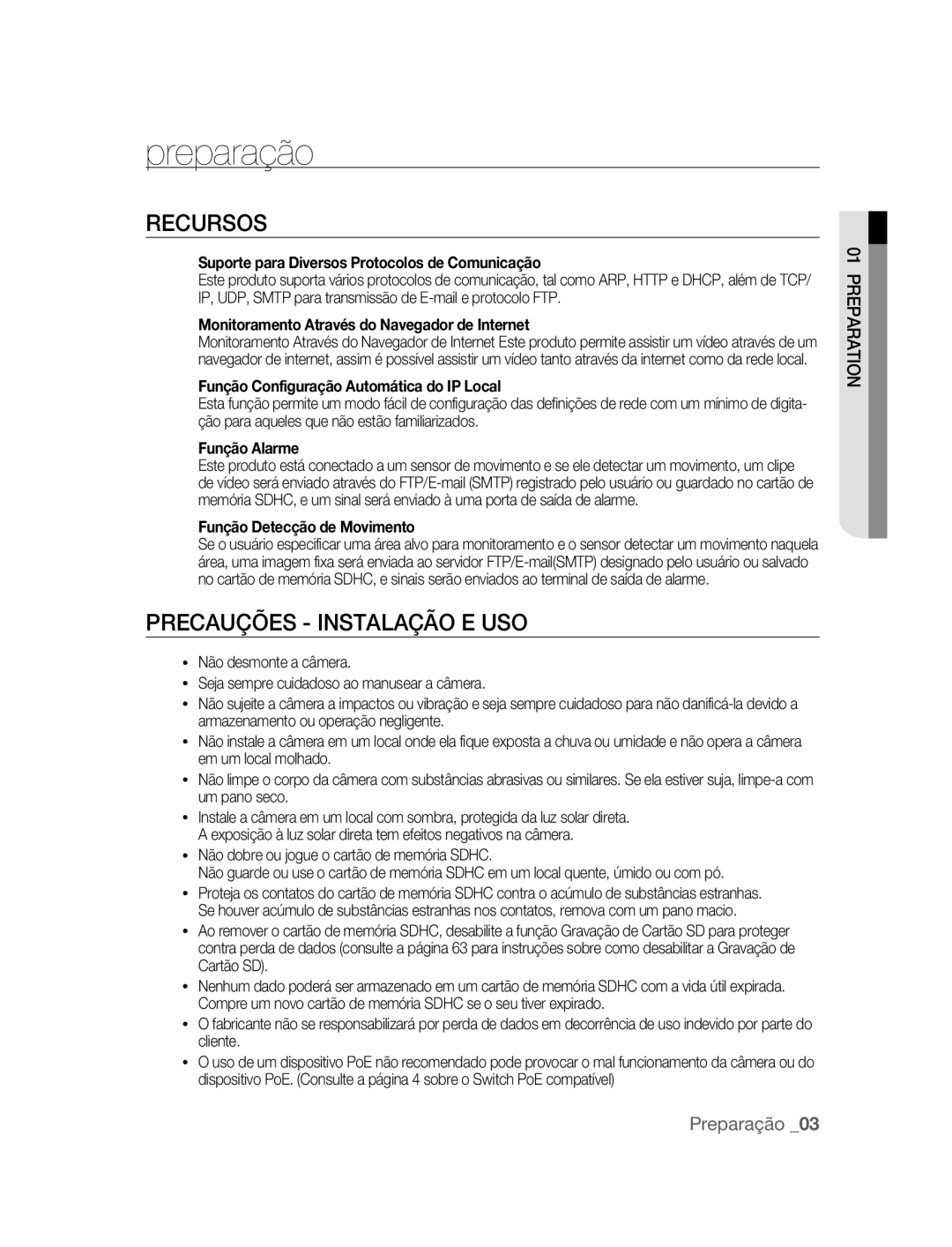 Samsung SNC-B2315P manual Preparação, Recursos, Precauções Instalação E USO 