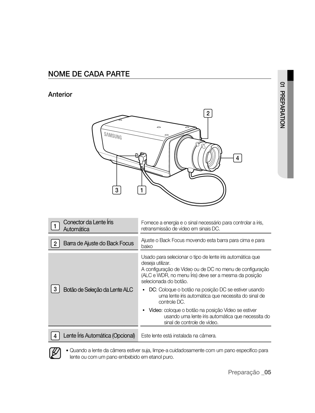 Samsung SNC-B2315P manual Nome DE Cada Parte, Anterior, Conector da Lente Íris Automática 